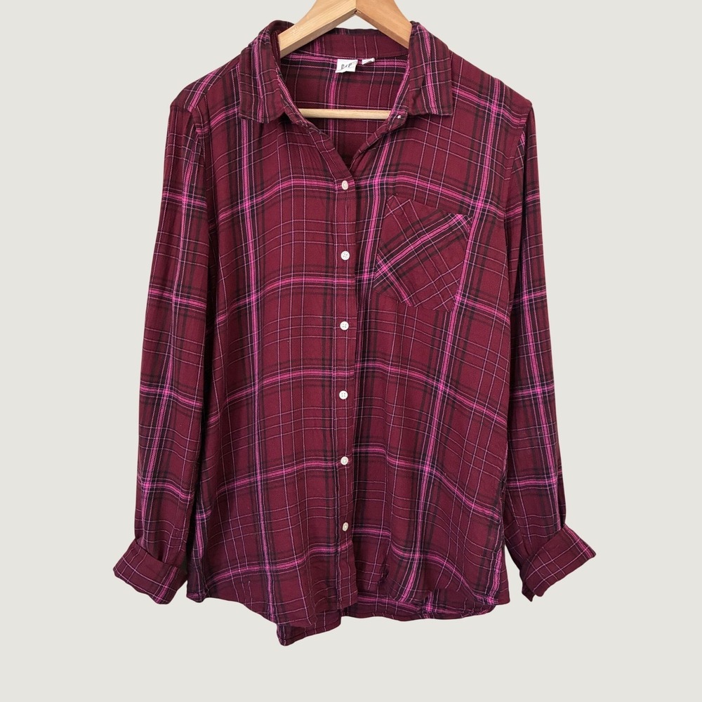 Gap Womens Plaid Button Down Shirt Burgundy Pink Long Sleeve Cotton Rayon L Boho